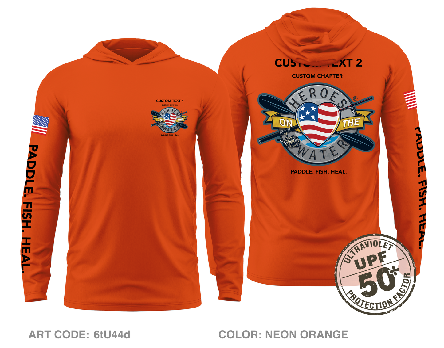 CUSTOM Heroes on the Water National Core Men's UPF 50+ Hooded Performance LS Tee - Neon