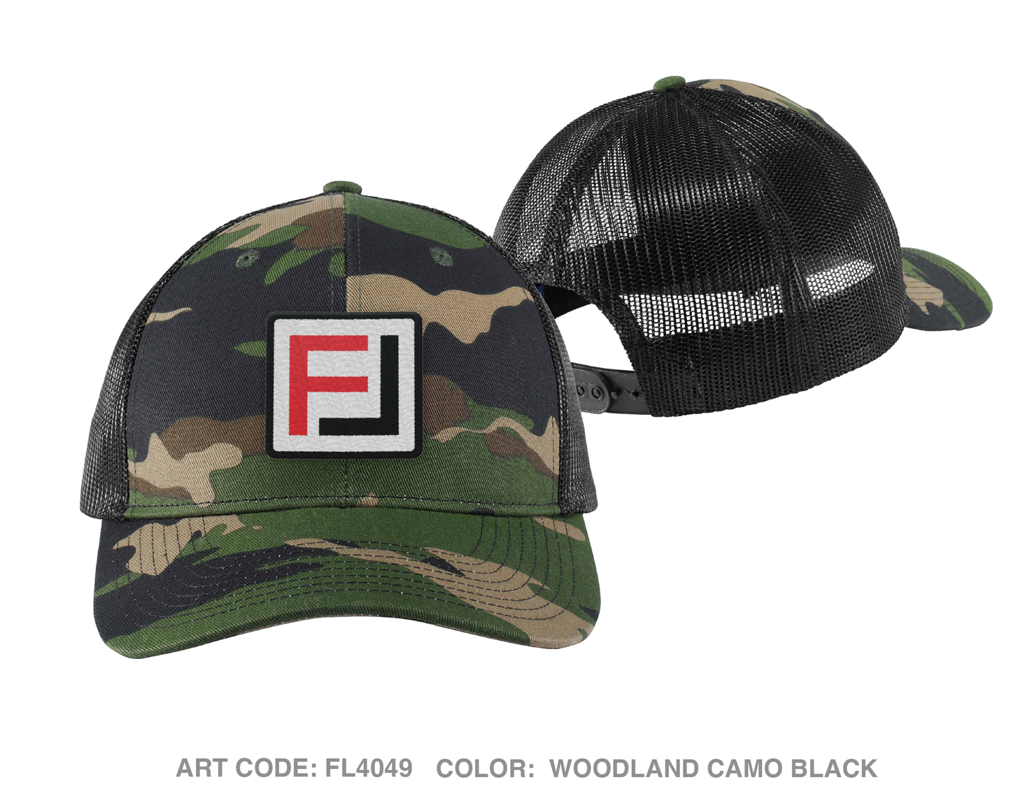 FRONTLINE EQUIPMENT AND CONSULTING Embroidered Snapback Trucker Cap - FL4049 Woodland Camo Black