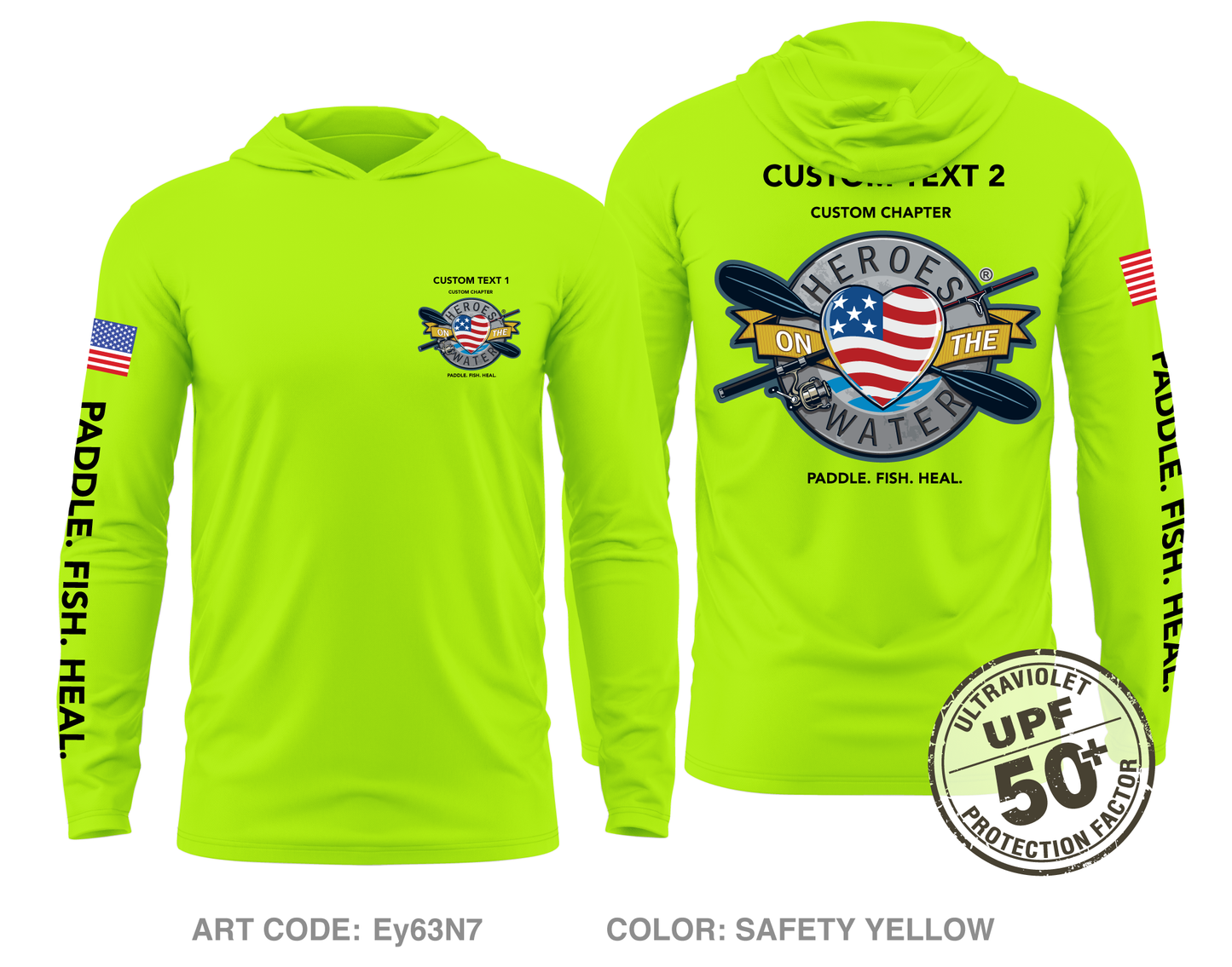 CUSTOM Heroes on the Water National Core Men's UPF 50+ Hooded Performance LS Tee - Neon